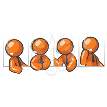 Orange men side by side in a customer service setting, either talking to one another or involved in customer support. 