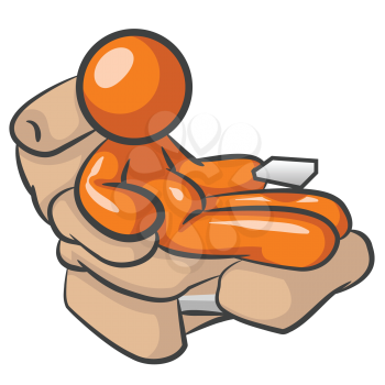 Royalty Free Clipart Image of an Orange man sitting at a chair with a remote control.