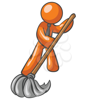 An orange man holding a mop and cleaning the floor. 
