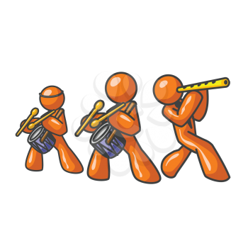 Three orange men comprising a musical group with flutes and drums. 