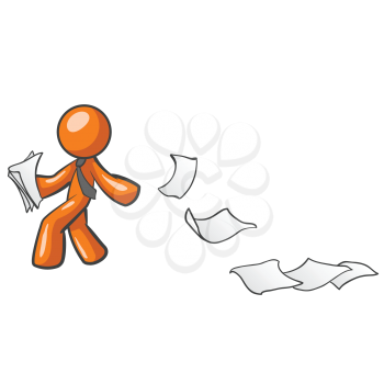 An orange man processing papers and leaving a trail. Concept based on the phrase leaving a paper trail.