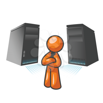 An orange man standing confident in front of two large computer servers. 