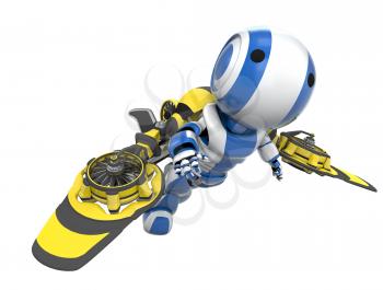 A blue robot flying in a yellow and black rocket pack, flying free. 