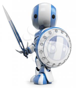 A blue robot holding a sword and Shield. a symbol of technological purity and excellence. Good concept for antivirus, bot software, and just fun!