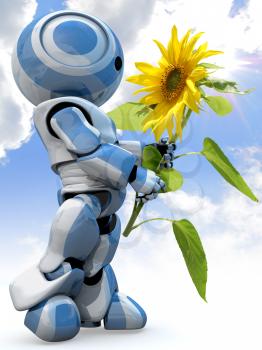 A glossy reflective 3d robot looking in awe at a large sunflower while standing in front of a cloudy sky.