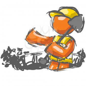 A digital sketch painting of an orange man with a shovel digging.  