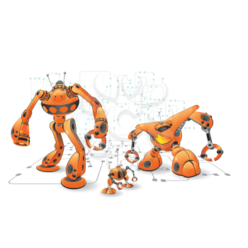 Royalty Free Clipart Image of Orange Robots