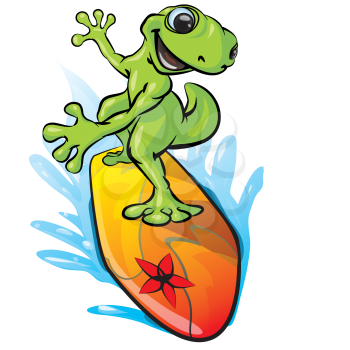 Royalty Free Clipart Image of a Surfing Gecko