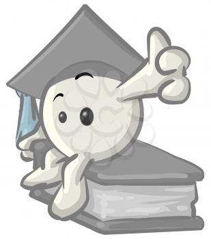 Royalty Free Clipart Image of a Round Character Sitting on a Book and Wearing a Graduation Cap
