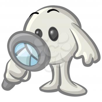 Royalty Free Clipart Image of a Round Character Looking Through a Magnifying Glass