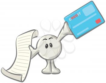 Royalty Free Clipart Image of a Round Character Holding a Credit Card and Paper List