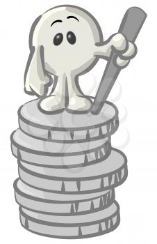 Royalty Free Clipart Image of a Round Character Standing on a Pile of Coins