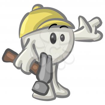 Royalty Free Clipart Image of a Round Character Wearing a Hat and Holding a Hammer