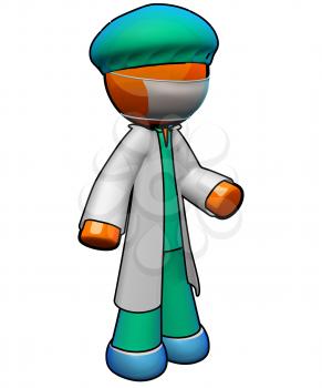 Royalty Free Clipart Image of an Orange Man Wearing Medical Scrubs, Lab Coat and Mask