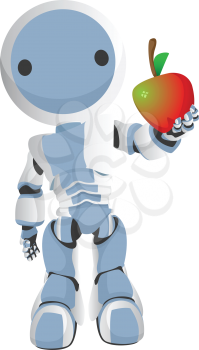 Royalty Free Clipart Image of a Blue Robot Holding an Appetizing Apple out to the Audience/Viewer.