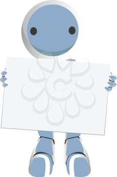 Royalty Free Clipart Image of a Blue Robot with a Circle on his Face Holding a Blank Sign.