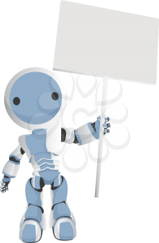 Royalty Free Clipart Image of a Blue Robot with a Circle on his Face Holding a Blank Sign.