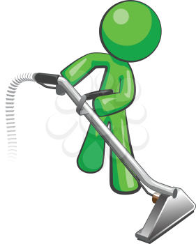 Green man with steam cleaner carpet wand, extracting floor.