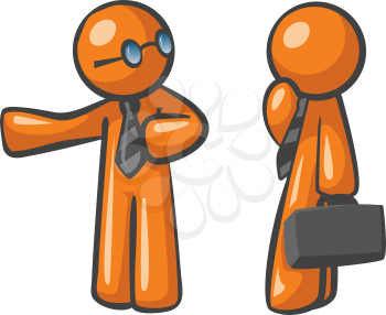 Orange Man presenting his colleague to a practical business solution, concept in affiliate marketing, website sales conversions, and business relationships.