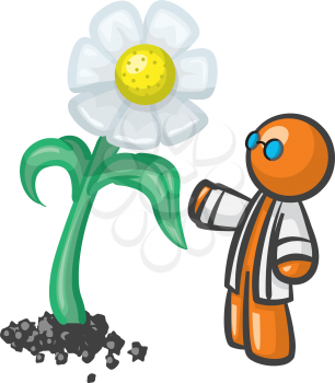 Orange Man scientist with genetically engineered produce.