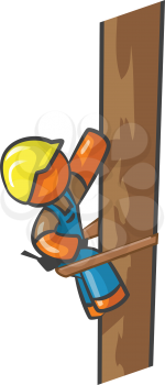 Orange Man electrician climbing a telephone pole.