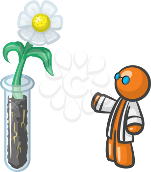 Orange Man scientist genetically altering a flower. Cute concept with details of roots in the dirt and all of that cool stuff.