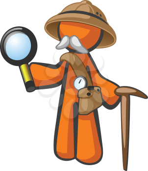Royalty Free Clipart Image of a Man With a Moustache Holding a Cane and Magnifying Glass