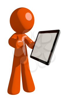 Orange Man Showing Electronic Computer Tablet to Viewer