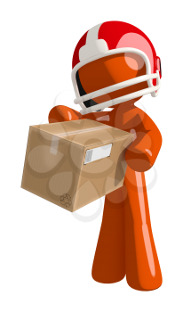 Football player orange man getting a box in the mail
