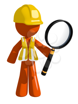 Orange Man Construction Worker  Holding Magnifying Glass