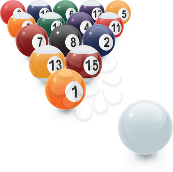 A vector illustration of a glossy set of pool balls in proper perspective with a white cue ball.