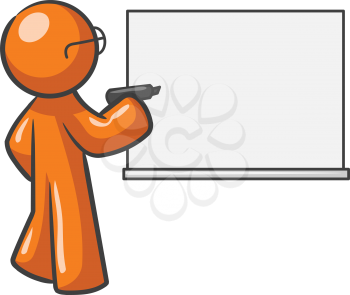 A design mascot with a dry erase board which is blank.