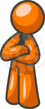 An orange man standing up in good posture crossing his arms in a professional manner.