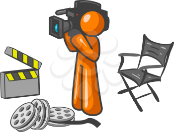 An orange man with a camera and some reels, filming some footage or a movie.