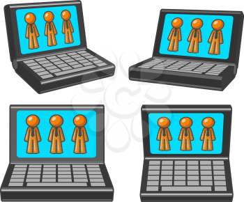 The orange man character inside of some laptop computer monitor displays, at four different angles.