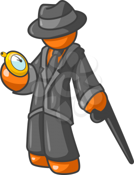 An orange man holding a stop watch while holding a stylish cane and wearing a hat. He looks good!