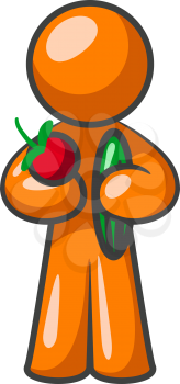 An orange man holding fruits and vegetables.