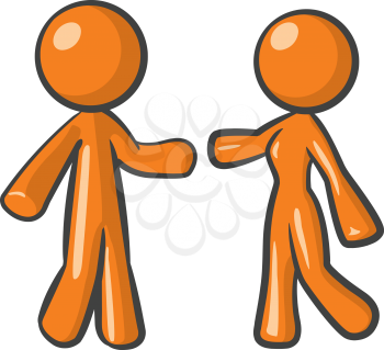 Orange person relationship dating concept. Two people coming together.