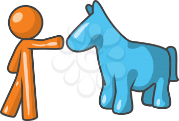 Orange person with blue horse common in the universe of the orange man or a hallucinogenic trip
