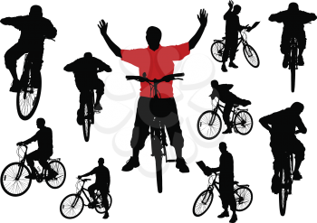 Royalty Free Clipart Image of Ten Men on Bicycles