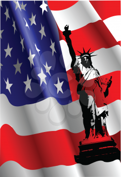Royalty Free Clipart Image of an American Flag and the Statue of Liberty
