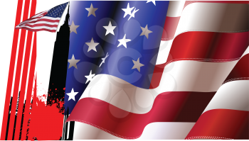 Royalty Free Clipart Image of an American Flag in the Foreground and One Flying in the Back