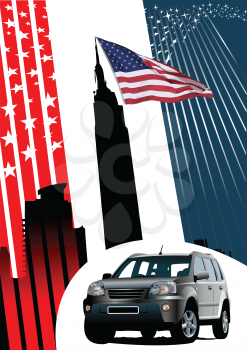 Royalty Free Clipart Image of a Car Against an American Background