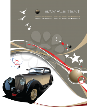 Royalty Free Clipart Image of an Old Car With Birds and Stars