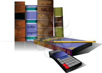 Royalty Free Clipart Image of Books, a Calculator and a Pencil
