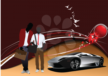 Royalty Free Clipart Image of Two Dudes Beside a Luxury Car With Birds and Stars Above