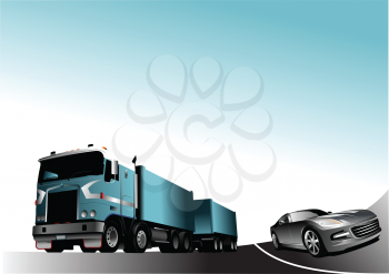 Royalty Free Clipart Image of a Car Passing a Truck