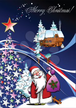Royalty Free Clipart Image of a Christmas Greeting With Santa, a Tree and a Workshop