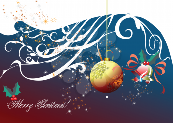 Royalty Free Clipart Image of a Christmas Ball on a Greeting With Bells and Holly