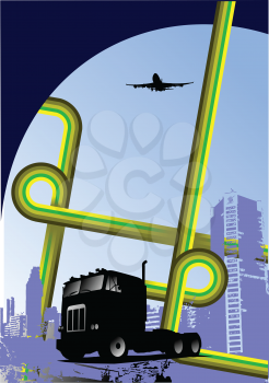 Royalty Free Clipart Image of a Truck in an Urban Centre With a Plane Overhead